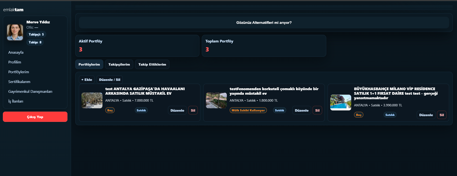 EmlakTam dashboard önizleme